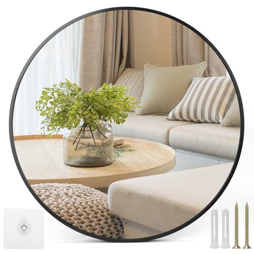 QWORK® 50cm Runder Wandspiegel mit Schwarz Aluminiumrahmen für Badezimmer, Wohnzimmer und Schlafzimmer - HD Explosionsgeschütztes Glas - inklusive Selbstklebendem Wandnagel von QWORK