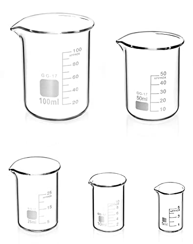 QWORK® 5stk Abgestufter Messbecher Glas Becherglas 5ml 10ml 25ml 50ml 100ml Set für Labor Küche von QWORK