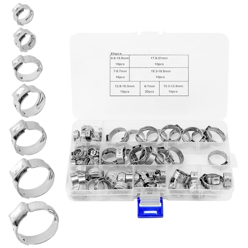 QWORK® 85 Stück Einzelohrschlauchschellen, 7-21mm Einstellbare Edelstahl Rohrschellen, Korrosionsbeständige Schlauchschellen Set, Kraftstoffleitung Schellen von QWORK