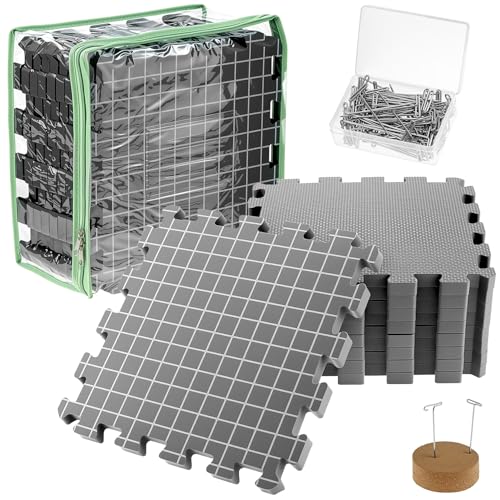QWORK® 9 Stück Blocking-Matten Häkelset, 1,9 cm Dicke Spannmatten Stricken mit 100 Nadeln, Aufbewahrungstasche und Nadelkissen von QWORK