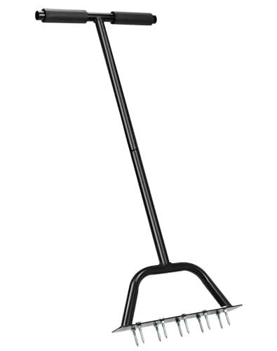 QWORK® Aerifizierer Für Rasen, Rasenspießbelüfter mit T-Griff, zum Auflockern des Bodens, 84 cm von QWORK