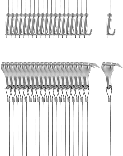 QWORK® Bilderaufhängung Draht für Spiegel Bilderrahmen Bilder, 2 m x Ø1.5 mm Drahtseil mit Verstellbarem Haken und Formenhaken, Tragkraft 40 KG, 20 Stück von QWORK