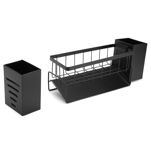 QWORK® Edelstahl Spülbecken Organizer - Selbstentleerender Tablett, Handtuchhalter und 2 Seitliche Aufbewahrungsboxen - Küchen Organizer Schwarz von QWORK