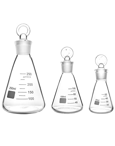 QWORK® Erlenmeyerkolben Set, Erlenmeyerkolben aus Borosilikatglas 50ml 150ml 250ml mit Glasstopfen von QWORK