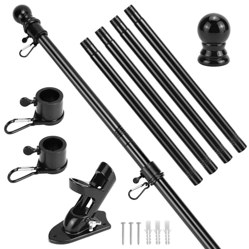 QWORK® Fahnenhalter Set - 1,5m Metall Fahnenmast, Aluminium Halterung, Kugelspitze und um 360° drehbaren Ringen - 45°/90° hängend - für Haus Garten Balkon von QWORK