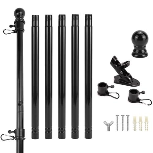 QWORK® Fahnenhalter Set - 1,8m Metall Fahnenmast, Aluminium Halterung, Kugelspitze und um 360° drehbaren Ringen - 45°/90° hängend - für Haus Garten Balkon von QWORK