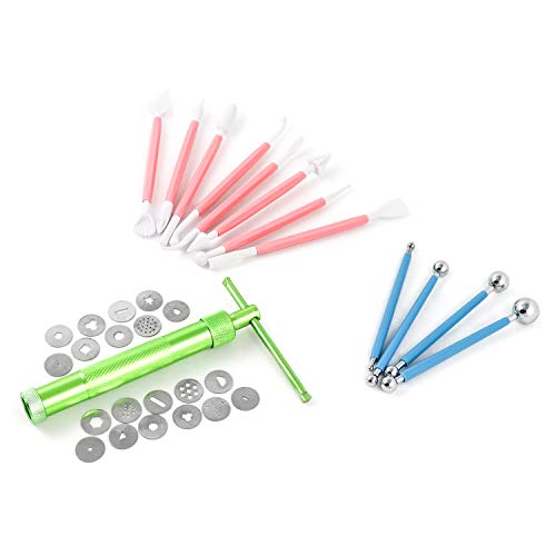 QWORK® Fondant Presse mit 20 Formen Zuckerpaste Extruder mit Zuckerfertigkeit Tortendeko Werkzeug 4 Metallkugeln zum Modellieren von Kuchen, Modellierwerkzeug aus Kunststoff von QWORK