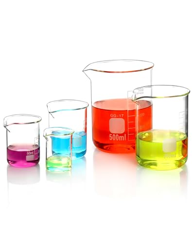 QWORK® Glas Becherglas 25ml 50ml 100ml 250ml 500ml, 5er Set Abgestufter Messbecher für Labor Küche von QWORK