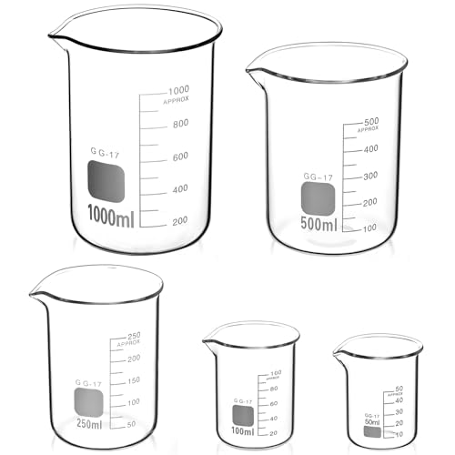 QWORK® Glas Becherglas 50ml 100ml 250ml 500ml 1000ml, 5er Set Abgestufter Messbecher für Labor Küche von QWORK