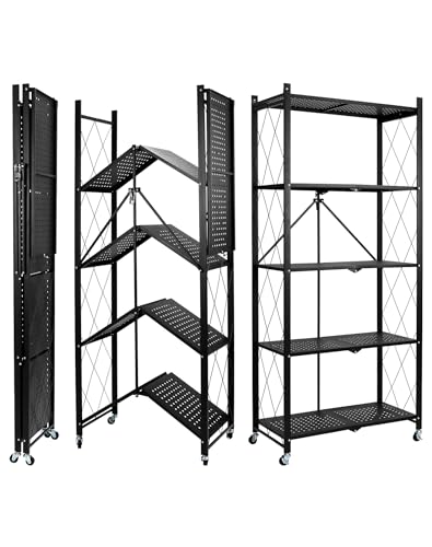 QWORK® KüChenregal, Badregal, Regal Metall, Storage Shelves, Faltbar, Keine Installation Erforderlich, 240 Kg Belastbar, 5 RegalböDen, Schwarz von QWORK