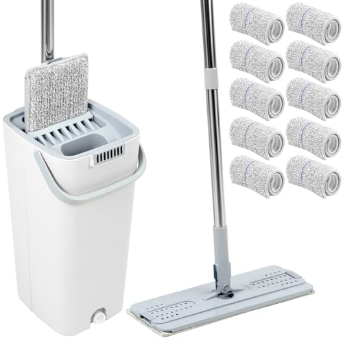 QWORK® Mopp und Eimer Zum Auswringen Set, multifunktionales Zweikammer-Reinigungssystem, mit 10 Mikrofaser-Pads und 120 cm langem Griff von QWORK