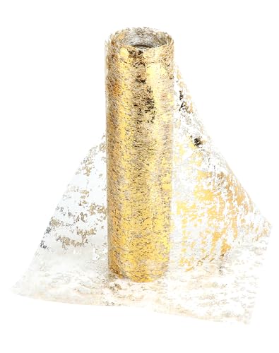 QWORK® Tischläufer Gold – 28 cm x 20 m großes Netz aus polyestergewebe mit einzigartigem foliendesign – perfekt für Hochzeiten, Partys und bastelarbeiten von QWORK