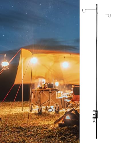 QWORK® Tragbare Campinglicht Halter Laternenhalter mit Tischklemme, Aluminium Hängestange mit Haken, Abnehmbarer Garten Schäferhaken (Gesamthöhe 117 cm) von QWORK