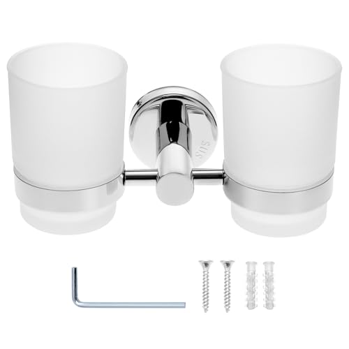 QWORK® Zahnbürstenhalter zur Wandmontage, Zahnbürstenhalter aus Edelstahl 304, Zahnbürstenhalter mit 2 Mundwasserbechern von QWORK