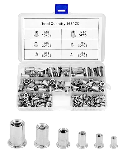 QWORK® 165Stk Nietmuttern Sortiment 304 Edelstahl Flachkopf Gewindenieten M3 M4 M5 M6 M8 M10 mit Aufbewahrungsbox von QWORK