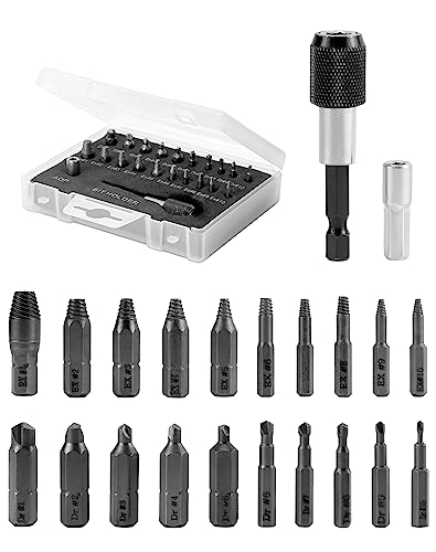 QWORK® 22-Teiliges Schraubenausdreher Set, Beschädigte Schrauben Ausdrehwerkzeug mit Magnetischem Verlängerungsbithalter und Adapter, Härte 64-65HRC von QWORK