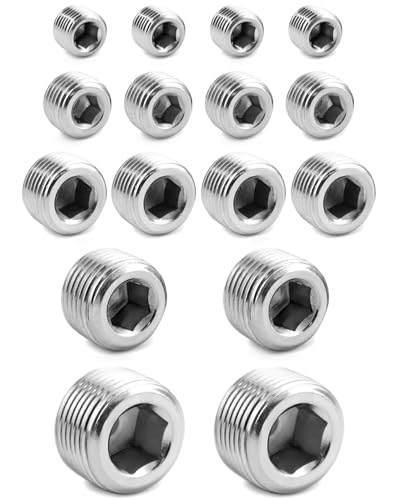 QWORK 304 Edelstahl Rohrverschraubungssatz Sechskant Senkkopfstopfen Sortiment Set mit NPT Außengewinde 16-teilig von QWORK