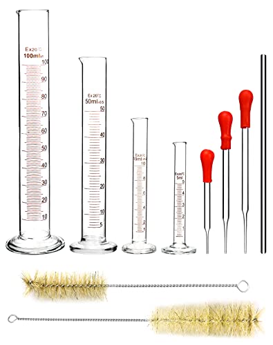 QWORK 4 Pcs Messzylinder Glas, 5 ml/10 ml/50 ml/100 ml, mit 3 Pcs Glaspipetten, 2 Pcs Bürst für Reagenzglas, 1 Pcs Glasrührstab von QWORK