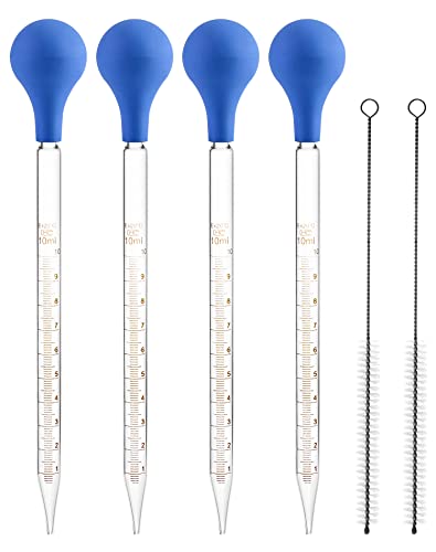 QWORK 4 Stück Glas Pipette Dropper 10ml, Glaspipette mit Gummi Saugnapf + Reinigungsbürste x2 von QWORK