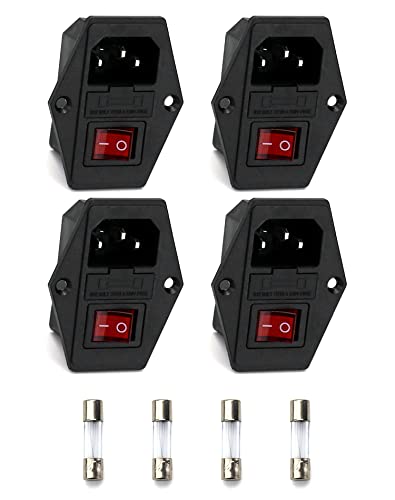 QWORK 4 Stück Kaltgeräte Buchse, 3-in-1-eingang, Sicherungsschalter, 3-polig, IEC320 C14 10A, Mit Schalter, Sicherung Und Licht von QWORK