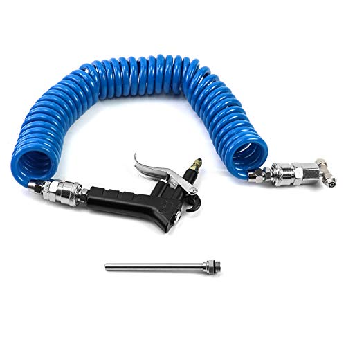 QWORK® LKW Spiralschlauch Ausblaspistole mit 5 Meter Schlauch und 6 mm Schnellkupplung, Druckluftpistole Passend für 6mm Luftschlauch, Blau von QWORK