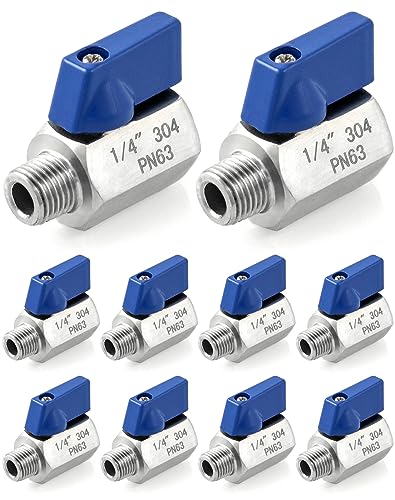 QWORK Mini-Kugelhahn, 10 Stück, 6,35 mm NPT-Innengewinde und Außengewinde, 304 Edelstahl, Absperrventil von QWORK