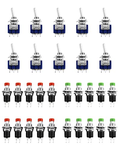 QWORK® Minischalter 30er-Set, 10 x Mini Kippschalter AC 125V 6A ON-ON 3 Pins 2 Position & 20 x Microschalter Taster 250V 1A 2 Pins für Instrumententafel Marinefahrzeuge von QWORK