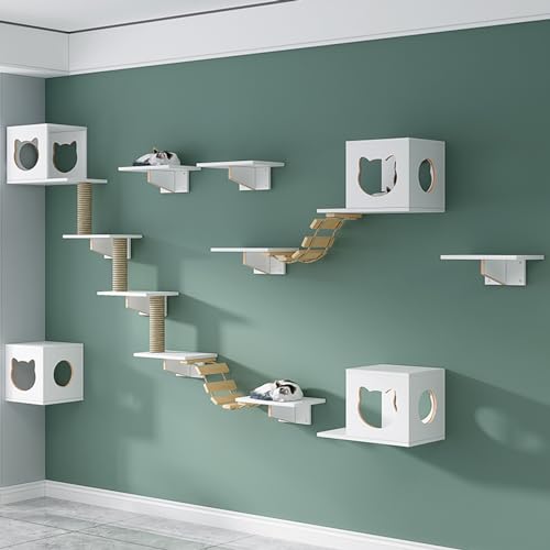 Katzen-Wandregale – Katzenregale, Katzen-Wandmöbel-Set mit Sitzstangen und Stufen, Dicke des Holzbretts 1,5 cm, für den Innenbereich, Wandmontage, Katzenhüttenhaus (Weiß, XXL) von QWPOFISN