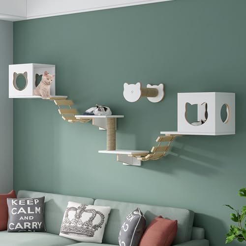 Katzen-Wandregale – Katzenregale, Katzen-Wandmöbel-Set mit Sitzstangen und Stufen, Dicke des Holzbretts 1,5 cm, für den Innenbereich, Wandmontage, Katzenhüttenhaus (weiß, mittel) von QWPOFISN