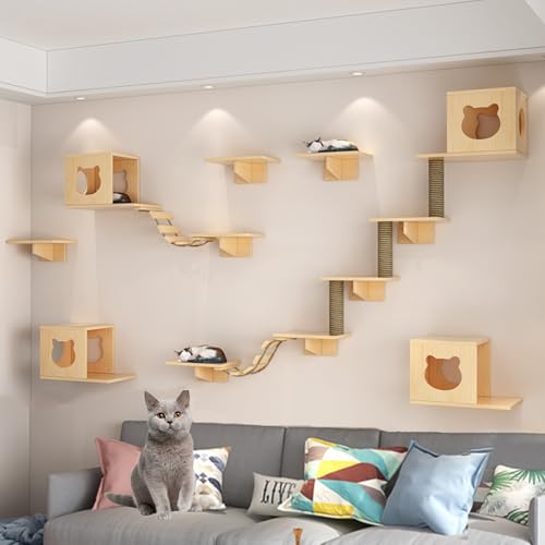 Katzen-Wandregale – Katzenregale, Katzen-Wandmöbel-Set mit Sitzstangen und Stufen, Dicke des Holzbretts 1,5 cm, für den Innenbereich, wandmontiert, Katzenhüttenhaus (Gelb, XXL) von QWPOFISN