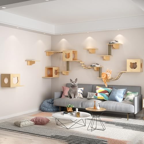Katzen-Wandregale – Katzenregale, Katzen-Wandmöbel-Set mit Sitzstangen und Stufen, Dicke des Holzbretts 1,5 cm, für den Innenbereich, wandmontiert, Katzenhüttenhaus (Gelb, XXXL) von QWPOFISN