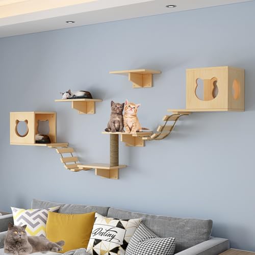 Katzen-Wandregale – Katzenregale, Katzenwandmöbel-Set mit Sitzstangen und Stufen, Dicke des Holzbretts 1,5 cm, für den Innenbereich, wandmontiert, Katzenhüttenhaus (Gelb, XL) von QWPOFISN