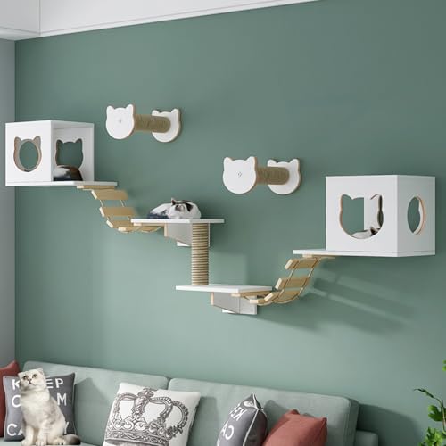 Katzen-Wandregale – Katzenregale, Katzenwandmöbel-Set mit Sitzstangen und Stufen, Dicke des Holzbretts 1,5 cm, für den Innenbereich, wandmontiert, Katzenhüttenhaus (Weiß, L) von QWPOFISN