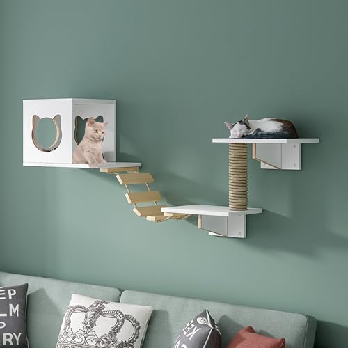 Katzen-Wandregale – Katzenregale, Katzenwandmöbel-Set mit Sitzstangen und Stufen, Dicke des Holzbretts 1,5 cm, für den Innenbereich, wandmontiert, Katzenhüttenhaus (Weiß, XS) von QWPOFISN