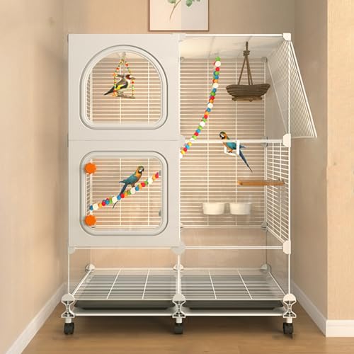 Vogelkäfig, Vogelkäfig für Sittiche, Vogelkäfig für Vögel mit Tablett und Rollen, Zubehör enthalten, geeignet für verschiedene Vögel, Eichhörnchen, Kanarienvögel (Weiß, 73 x 37 x 102 cm) von QWPOFISN