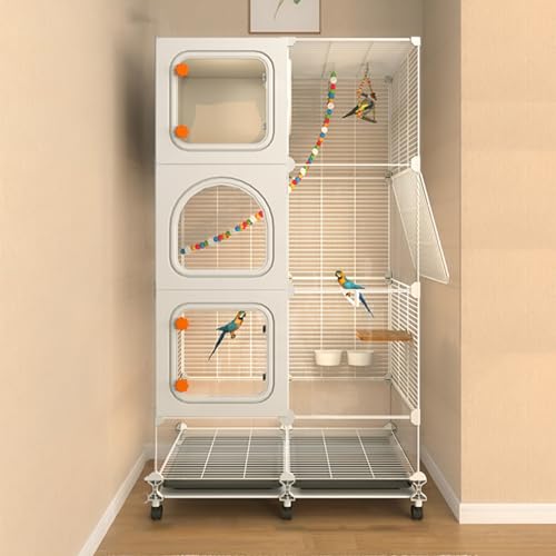 Vogelkäfig, Vogelkäfig für Sittiche, Vogelkäfig für Vögel mit Tablett und Rollen, Zubehör enthalten, geeignet für verschiedene Vögel, Eichhörnchen, Kanarienvögel (Weiß, 73 x 37 x 137 cm) von QWPOFISN