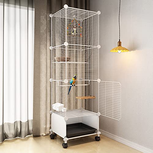 Vogelkäfig – Vogelkäfig für Sittiche, erhöhte Leitbleche, verschlüsselter Zaun, 1,3 cm, mit Zubehör und Rollen, für Sittiche, Nymphensittiche, Finken, Weiß (37 x 37 x 130 cm) von QWPOFISN