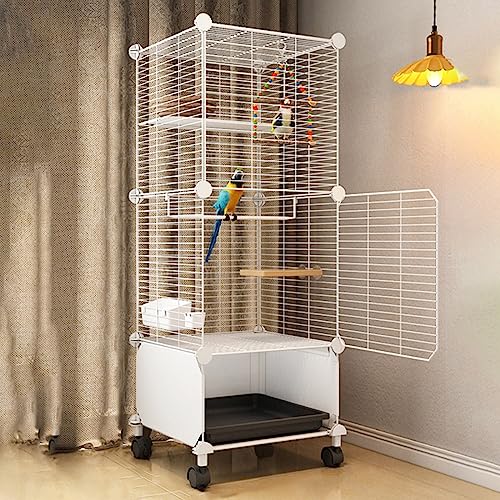 Vogelkäfig – Vogelkäfig für Sittiche, erhöhte Leitbleche, verschlüsselter Zaun, 1,3 cm, mit Zubehör und Rollen, für Sittiche, Nymphensittiche, Finken, Weiß (37 x 37 x 95 cm) von QWPOFISN