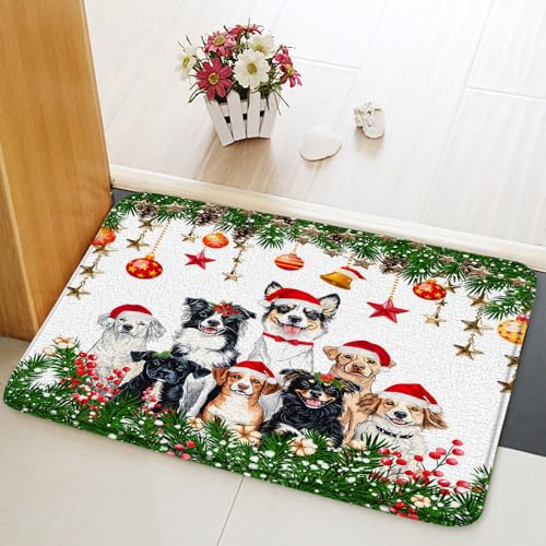 Badematte mit Aufschrift "Merry Christmas", lustiger Hund, grüner Weihnachtsbaum, Zweige, roter Weihnachtsball, Schneeflocke, niedliches Tier, Winterurlaub, Badezimmerteppich, Küche, WC, Bodenteppich von QWRSMYX