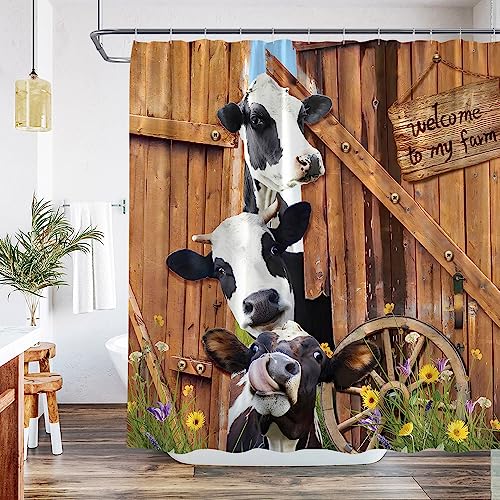 QWRSMYX Bauernhof Kuh Duschvorhang Bauernhaus Scheunentür Rustikal Vintage Holz Land Wildtiere Lustiges Rind Badezimmer Set Polyester Stoff mit Haken 213 x 178 cm (B x H) von QWRSMYX