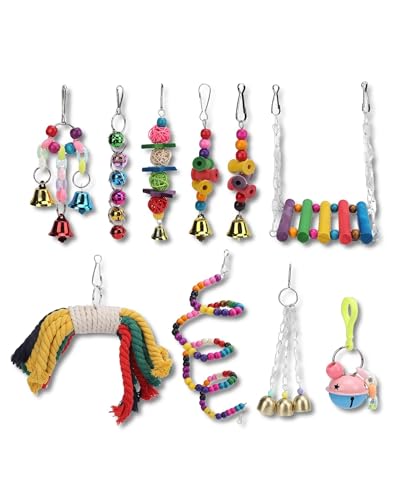 Bird Swing Toy - Holz- und Baumwollseil, sichere Nicht -Materialien mit farbenfrohen Design und Glocke zum Spaß, Kauen, Klettern und Bewegung in Vogelkäfigen von QWUUYEC