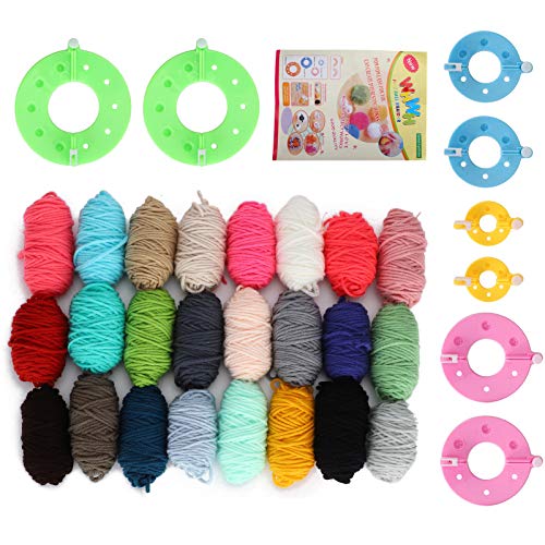 Pompom Maker Set, DIY Fluff Ball, 24 Farben Wollgarn 50g, 4 Größen - Kreativ, Einfach Zu Benutzen, Für Handarbeiten Und Basteln von QWUUYEC