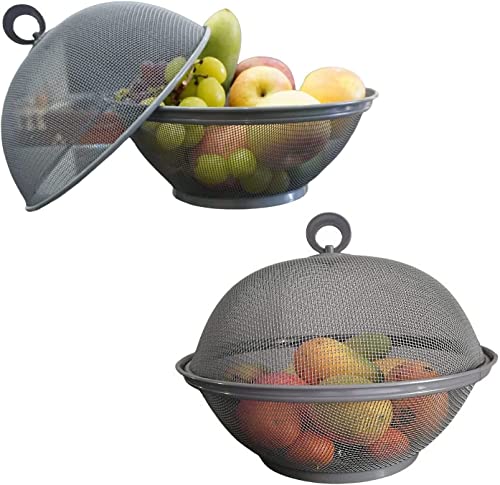 Obstkorb, aus Metall, Dekoration, Arbeitsplatte, Obstschale, Design grau, Netzstoff, mit Deckel, waschbar, Aufbewahrungsbox für Esstisch 594714 Grau (2 Obstkörbe + 2 Deckel; 2 Sets insgesamt) von QWXOSR