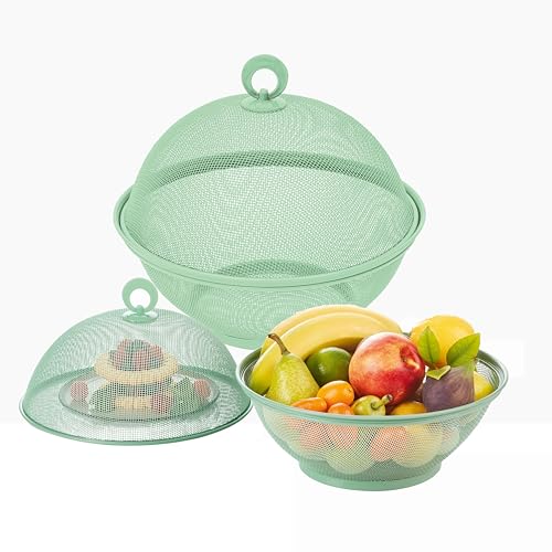 Obstkorb mit Deckel – Snacks Obstschale – Metallgitterkörbe Drahtkorb überzogene Obstschale für Obst Gemüse Snacks – (2 Obstkörbe + 2 Deckel; insgesamt 4 Stück), Hellgrün von QWXOSR