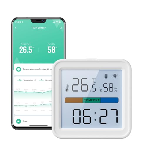QXMH Smart WiFi Thermometer Hygrometer, drahtlose Tuya Digital Temperatur Luftfeuchtigkeit App Control Hintergrundbeleuchtung für Zuhause Haustier Schlafzimmer Kompatibel Alexa (1 Pack) von QXMH
