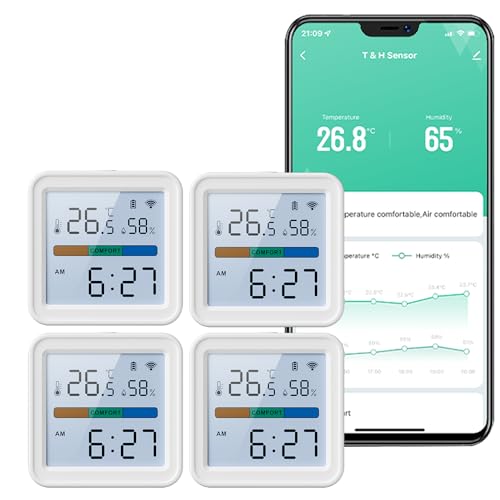 QXMH Smart WiFi Thermometer Hygrometer, drahtlose Tuya Digital Temperatur Luftfeuchtigkeit App Control Hintergrundbeleuchtung für Zuhause Haustier Schlafzimmer Kompatibel Alexa (4 Pack) von QXMH
