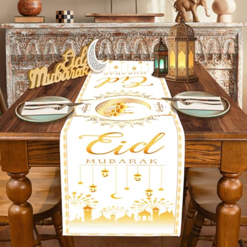QXRXN Ramadan Eid Mubarak Tischläufer Gold, 180 cm Lang, Ornate Pattern, Halbmond, Sterne und Laternen, Polyester von QXRXN
