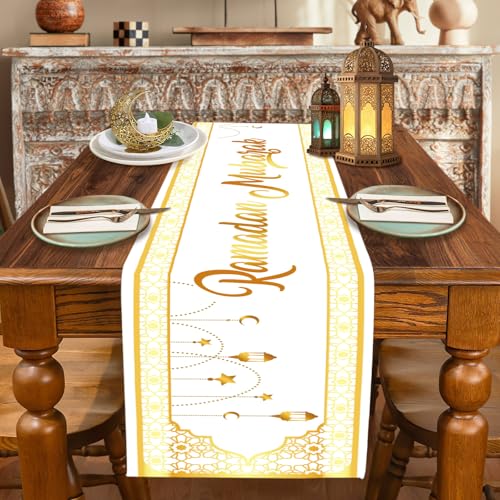 Ramadan Eid Mubarak Tischläufer Gold, Ramadan Deko Eid Mubarak Tischdecke Läufer 180 cm Lang Tischdeko Muslimische Islamische Iftar Tisch Deko (Ramadan) von QXRXN