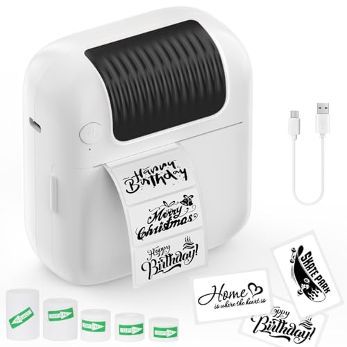 Etikettendrucker mit Band-Etikettendrucker, Mini-Taschendrucker, tragbarer Thermo-Foto-Etikettendrucker mit 5 Rollen Druckpapier für Android oder iOS App, Bluetooth Tintenloser Drucker Labler Maker von QYCHHJ