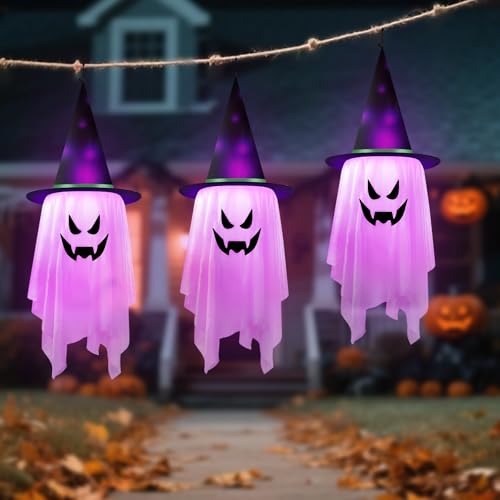 Halloween-Dekoration zum Aufhängen, beleuchtet, für drinnen und draußen, beleuchtet, Geister-Hexenhut, Lichter, Ornamente, hängende Geister, Dekorationen, 3 Stück von QYCHHJ